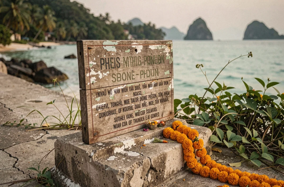 Plaque commémorative du tsunami de 2004 sur le littoral de Phuket en Thaïlande, entourée d'offrandes de fleurs de souci