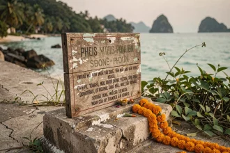 Plaque commémorative du tsunami de 2004 sur le littoral de Phuket en Thaïlande, entourée d'offrandes de fleurs de souci