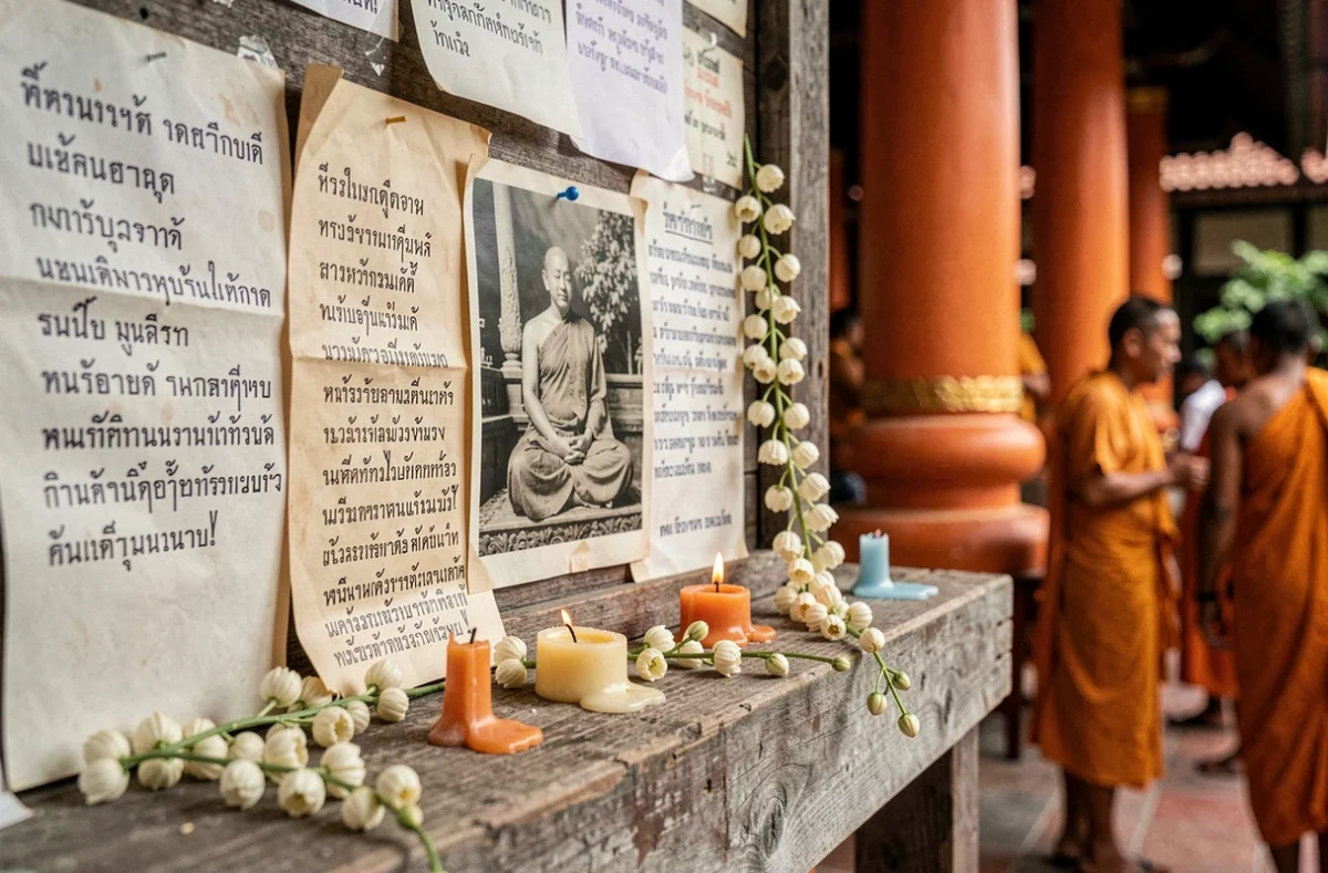 Photographies commémoratives des victimes du tsunami de 2004 affichées sur un panneau d'un temple bouddhiste à Phuket, Thaïlande