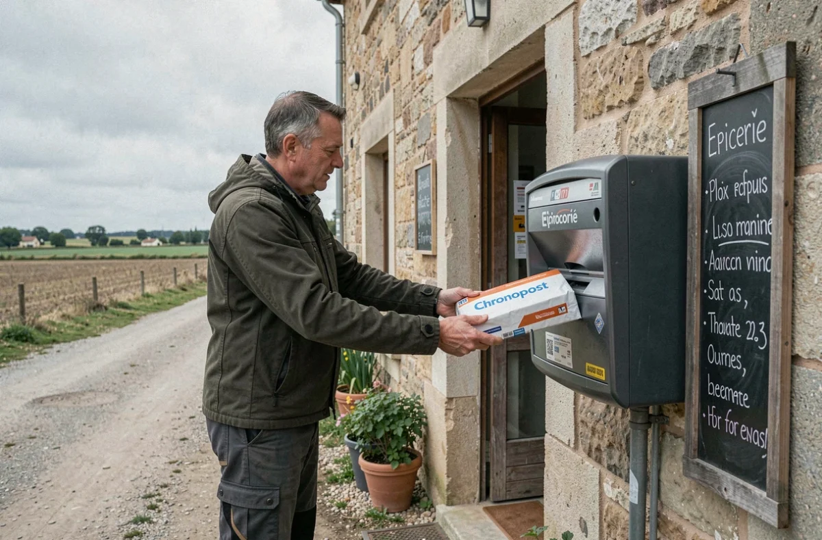 Homme déposant un colis Chronopost dans un point relais en épicerie de village rural