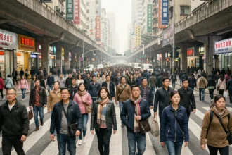 Foule dense dans une rue animée d'une mégapole asiatique, illustrant les pays les plus peuplés du monde