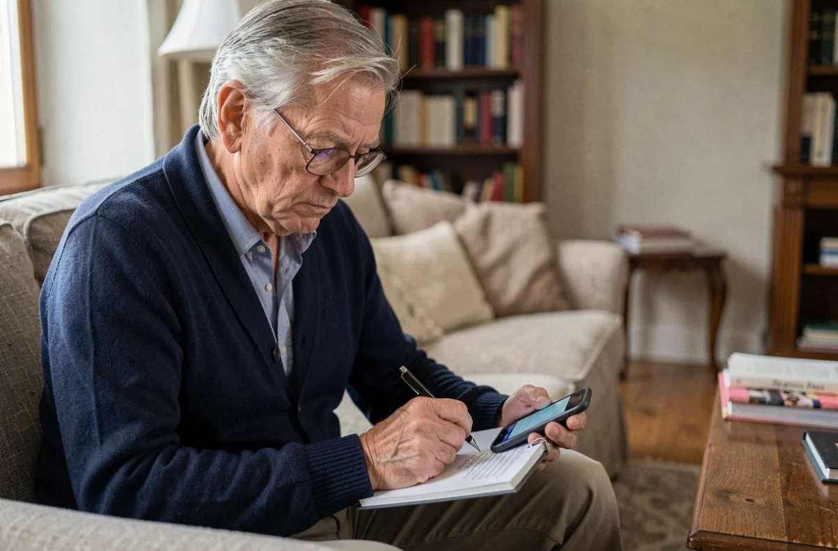 Senior notant un numéro de portable gratuit reçu par téléphone pour vérifier s'il s'agit d'un appel de démarchage commercial