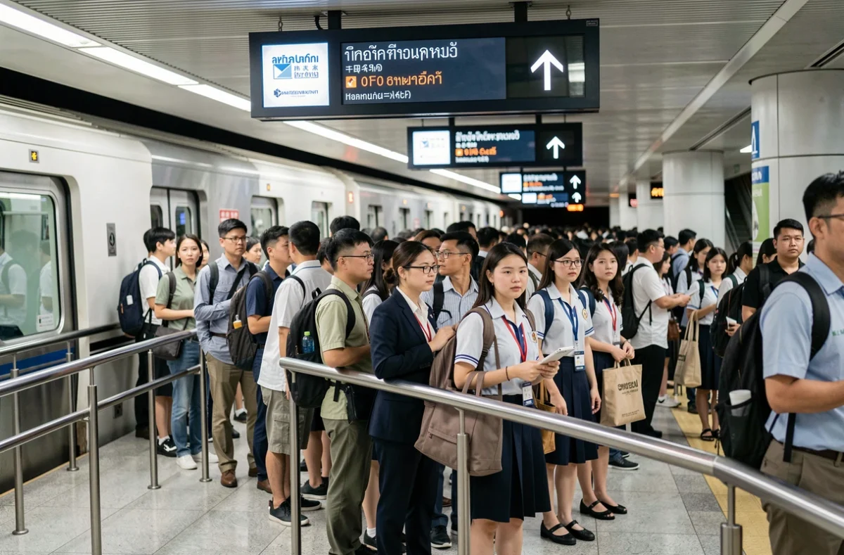 Quai de station de BTS Skytrain à Bangkok bondé de navetteurs en heure de pointe, symbole du flux quotidien de millions d'habitants