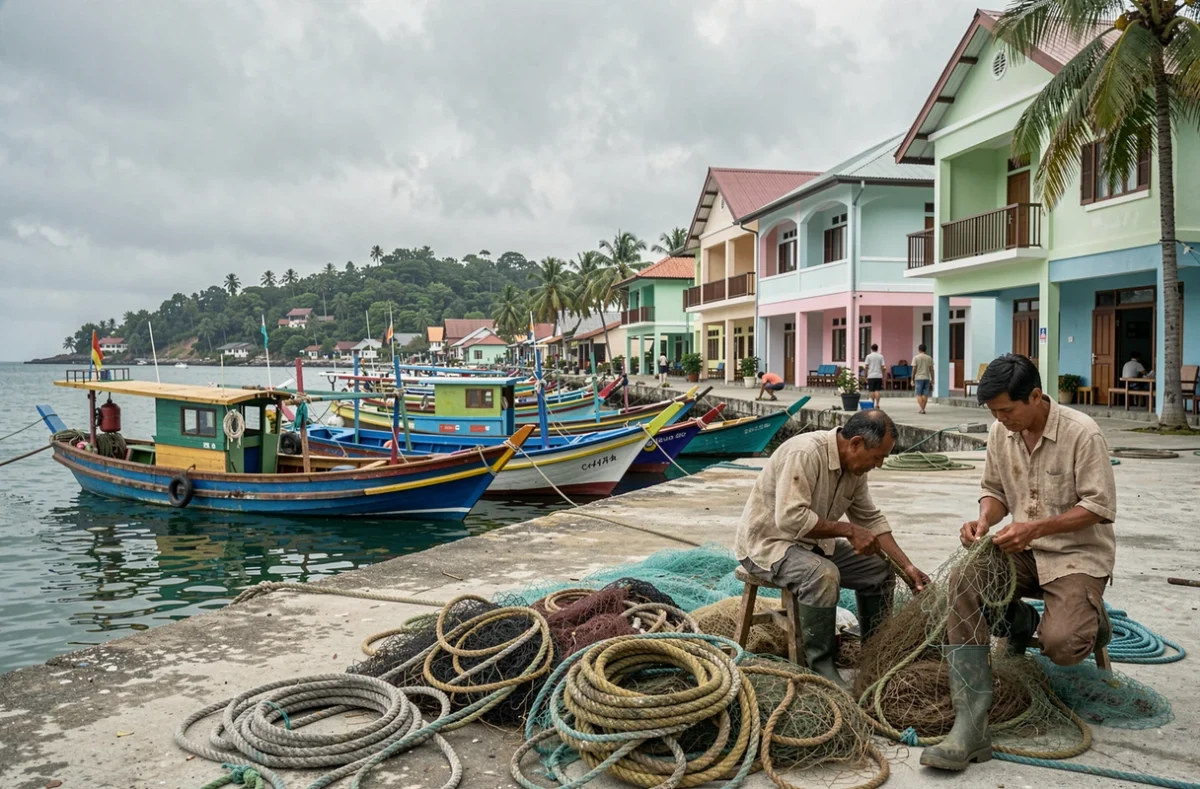 Village côtier reconstruit de Khao Lak en Thaïlande avec des pêcheurs locaux réparant leurs filets sur un quai après le tsunami de 2004