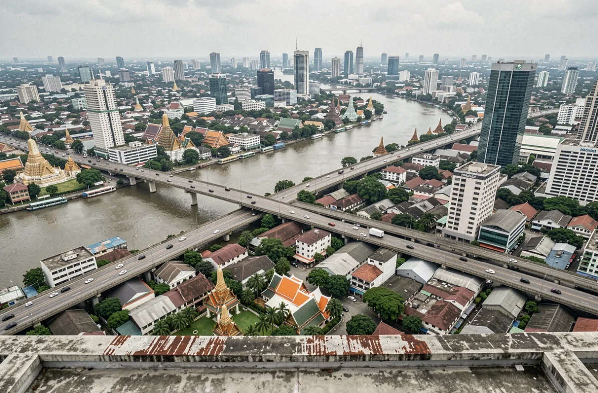Vue aérienne panoramique de Bangkok montrant l'étendue massive de la métropole thaïlandaise et sa densité urbaine exceptionnelle