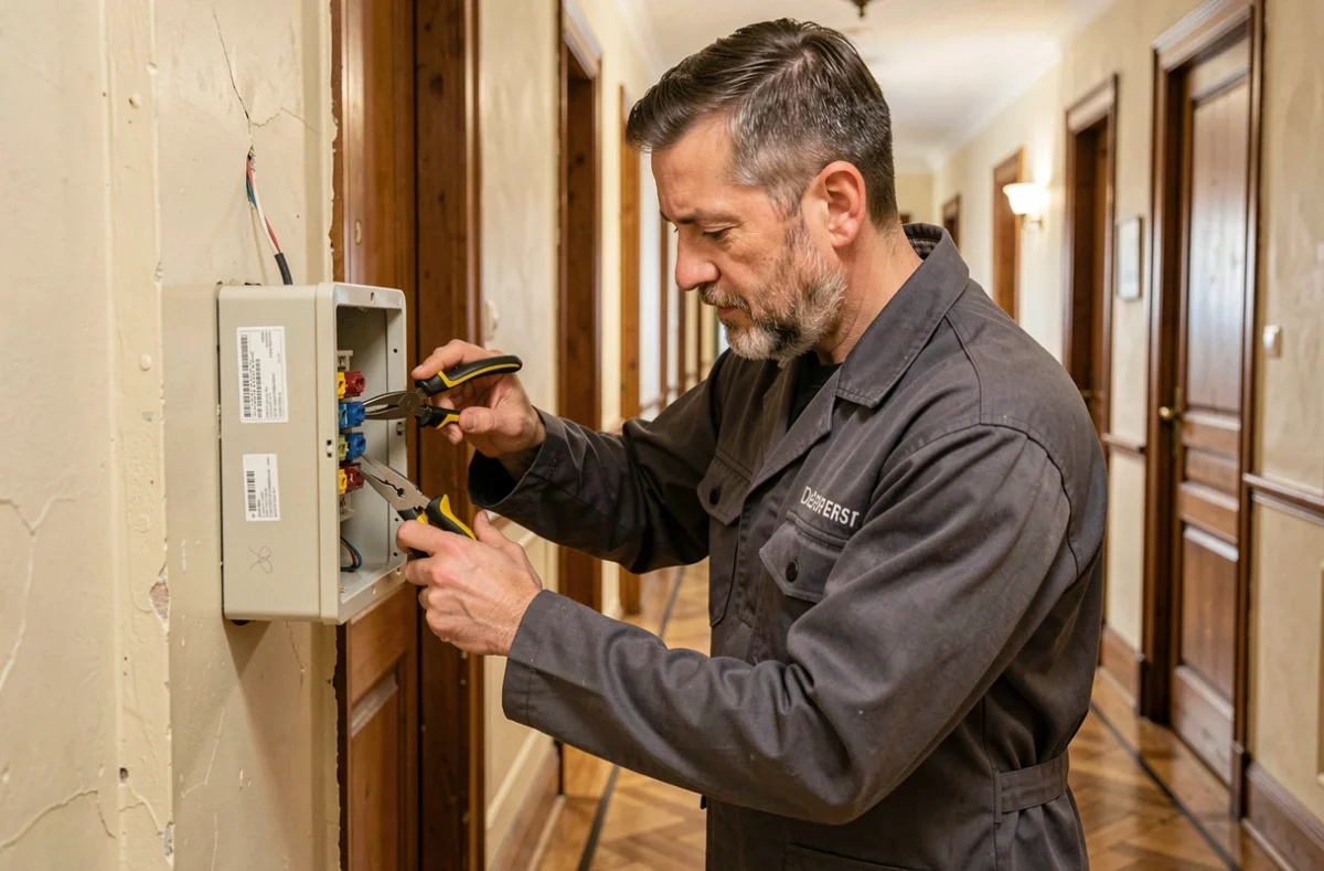 Électricien d'Avetissian Électricité remplaçant un fusible dans le couloir d'un immeuble ancien à Brest