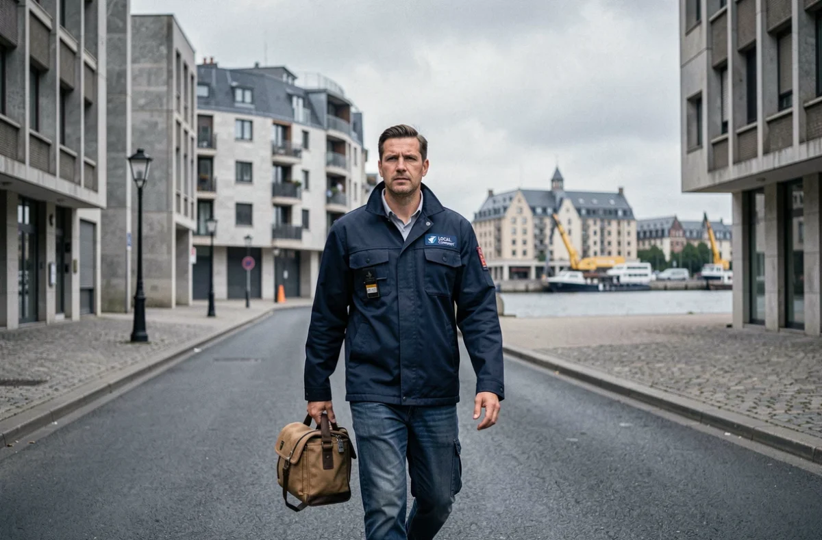 Électricien de Brest Électricité marchant dans les rues du centre-ville de Brest avec son sac à outils professionnel