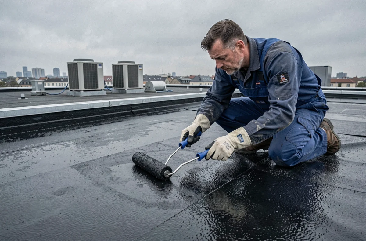 Technicien de BT Etanche appliquant une membrane d'étanchéité sur un toit plat commercial