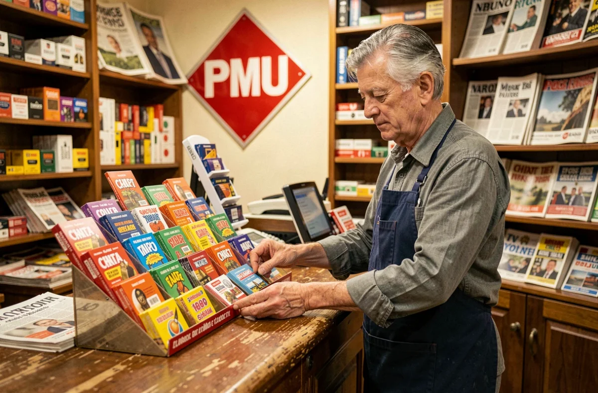 Buraliste derrière le comptoir d'un bureau de tabac avec présentoir de jeux à gratter et enseigne PMU