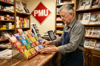 Buraliste derrière le comptoir d'un bureau de tabac avec présentoir de jeux à gratter et enseigne PMU