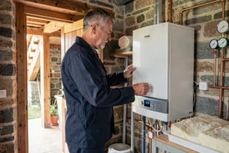 Chauffagiste professionnel inspectant une chaudière dans une maison des Pyrénées-Atlantiques