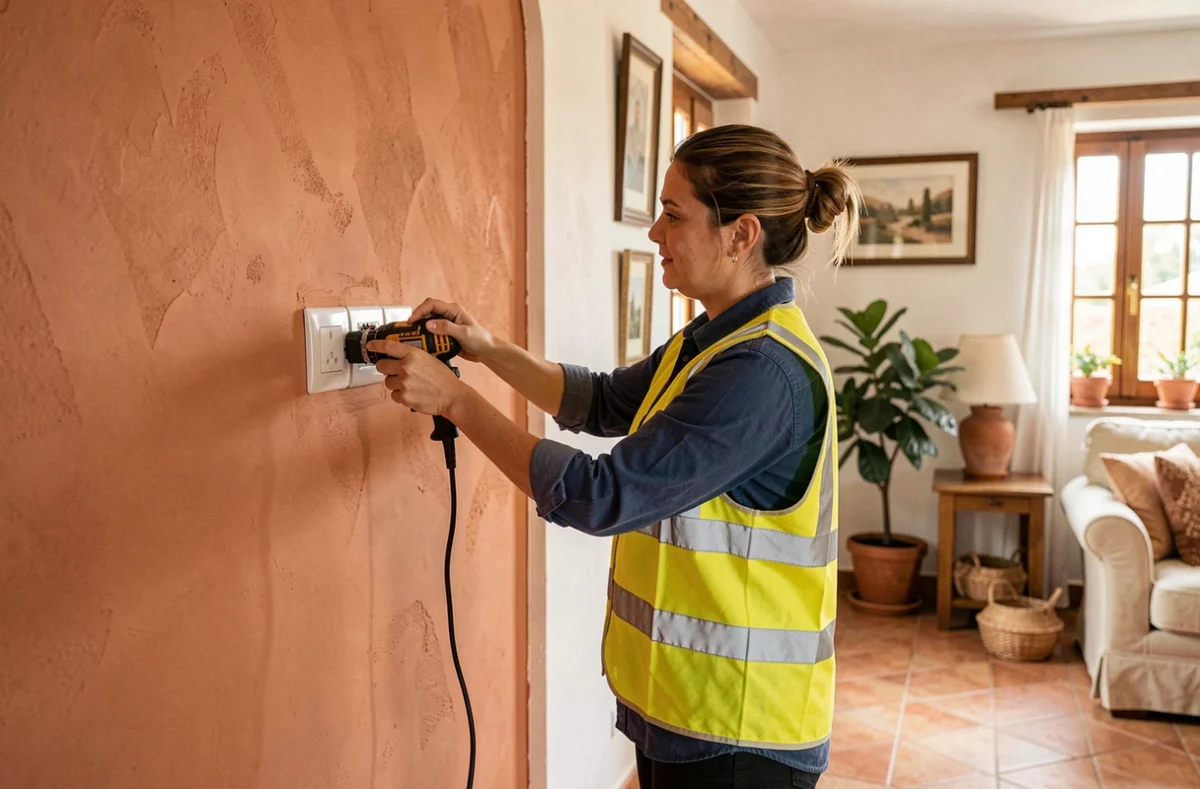 Électricienne de Couleur Méditerranée installant des prises décoratives dans un intérieur chaleureux à Brest