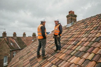 Deux couvreurs professionnels inspectant une toiture en tuiles dans le Nord de la France