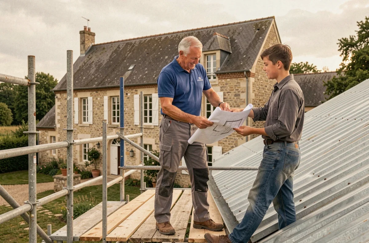 Dirigeant de Destee Bertrand SAS supervisant une rénovation de toiture avec un apprenti