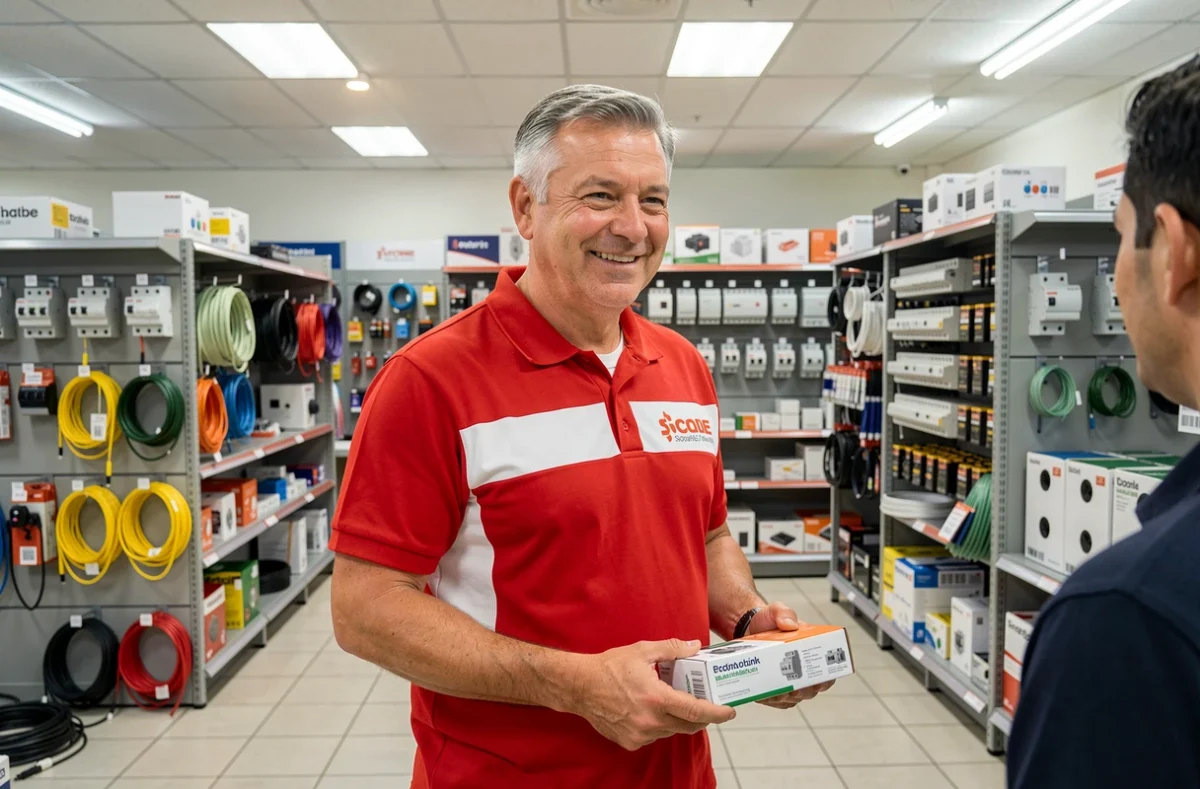 Conseiller d'Elec Center dans un magasin de fournitures électriques à Brest, entouré de matériel professionnel