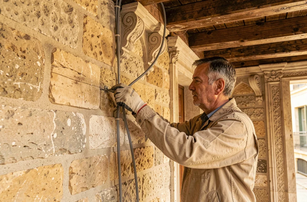 Électricien intervenant dans un bâtiment historique en pierre du centre ancien d'Aix-en-Provence