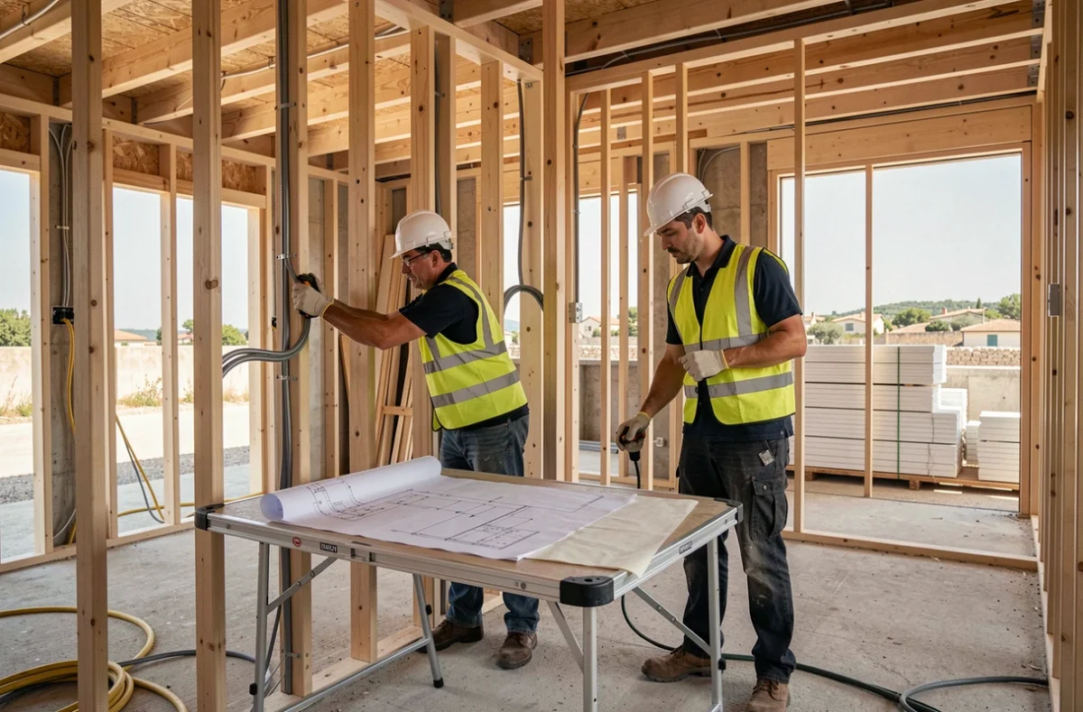 Deux électriciens réalisant l'installation électrique d'une construction neuve à Aix-en-Provence pour un promoteur