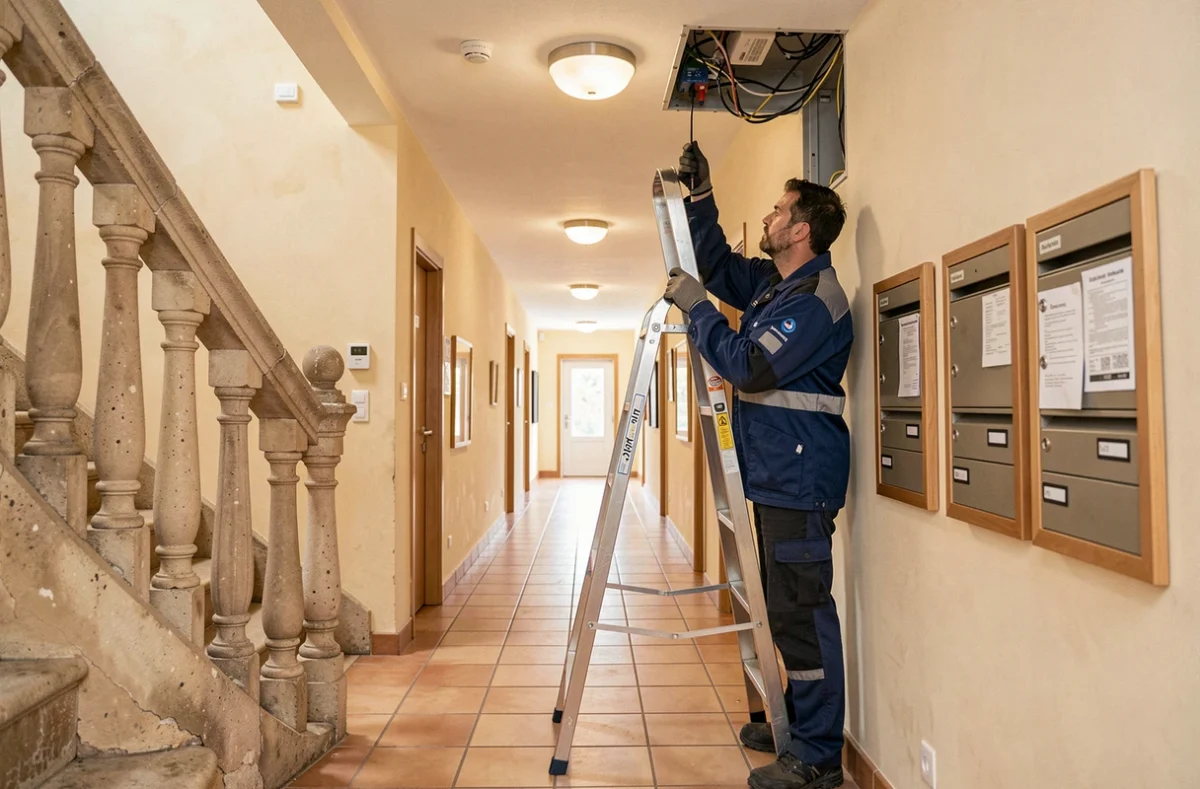 Électricien remplaçant un luminaire dans les parties communes d'une copropriété à Aix-en-Provence