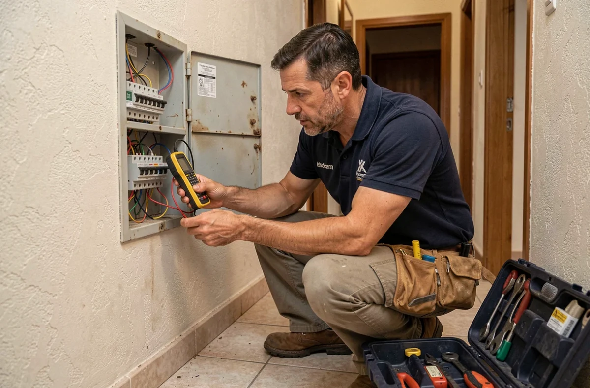 Artisan électricien intervenant en urgence sur un tableau électrique dans un couloir d'appartement à Aix-en-Provence