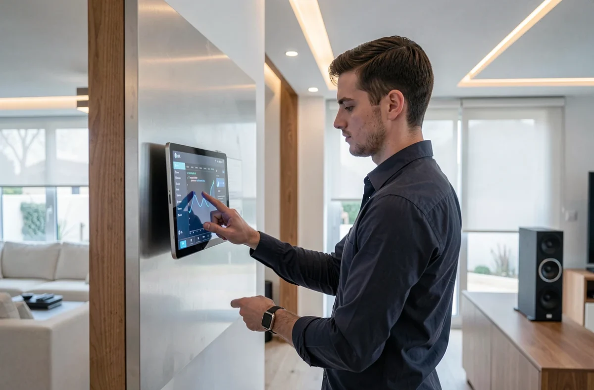 Technicien en domotique programmant une interface maison connectée dans une villa contemporaine à Aix-en-Provence