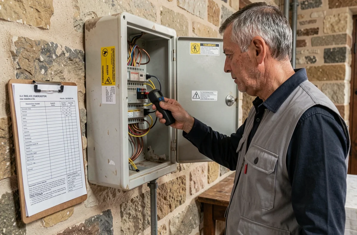 Électricien réalisant un diagnostic de mise en conformité d'un tableau électrique ancien dans une maison à Aix-en-Provence