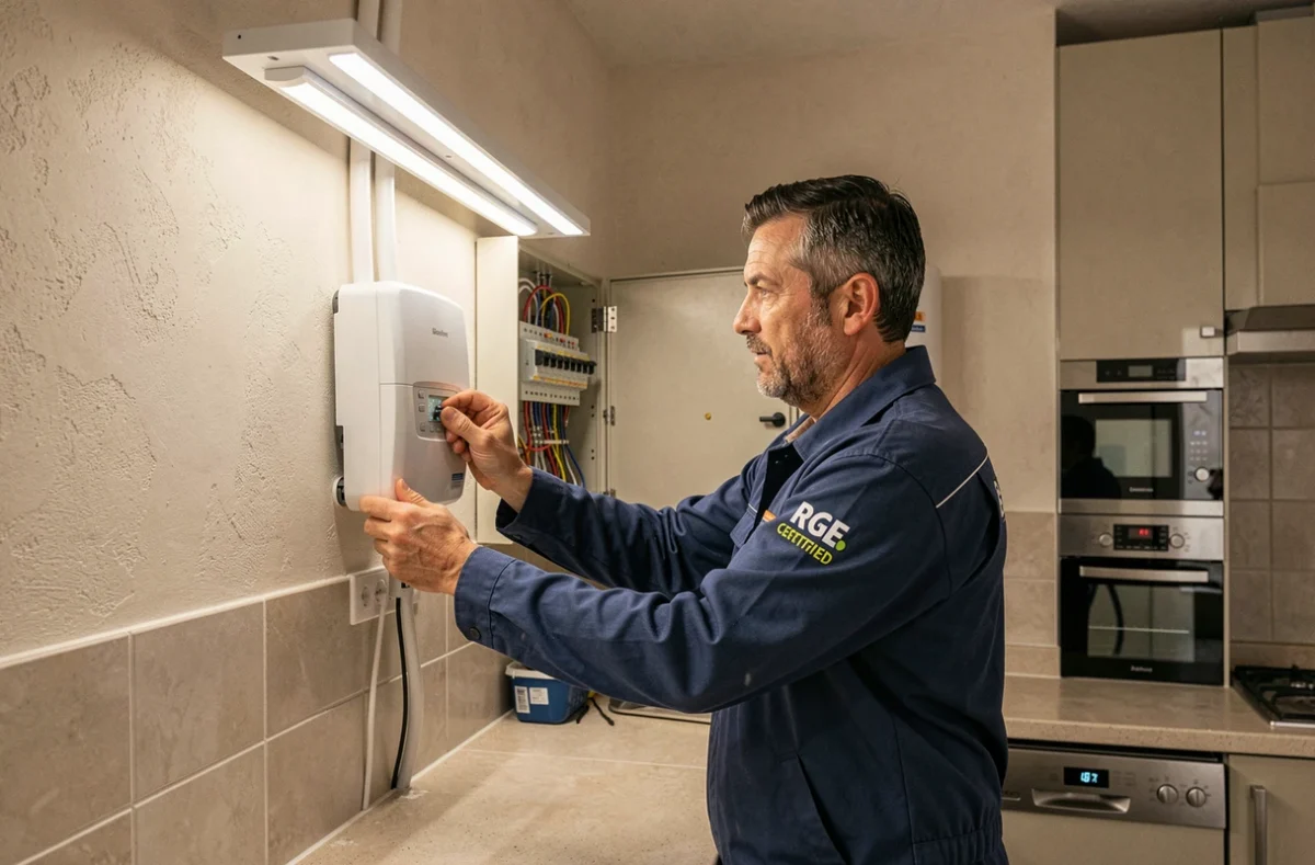 Électricien RGE installant un équipement de rénovation énergétique dans une cuisine rénovée à Aix-en-Provence
