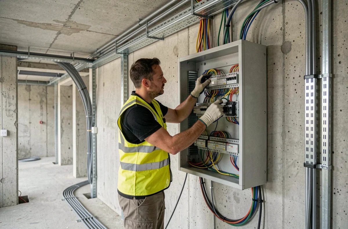Électricien tertiaire installant un tableau électrique industriel dans un immeuble de bureaux en construction à Aix-en-Provence