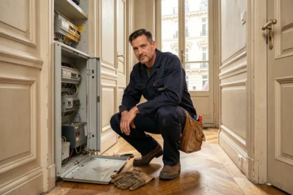 Électricien d'urgence intervenant sur un tableau électrique dans un appartement parisien en Île-de-France