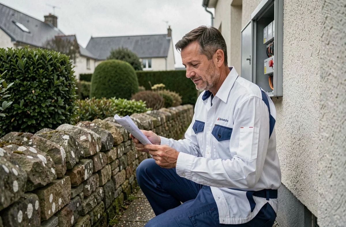 Électricien d'Electricité Service inspectant un tableau électrique extérieur dans une maison de banlieue brestoise