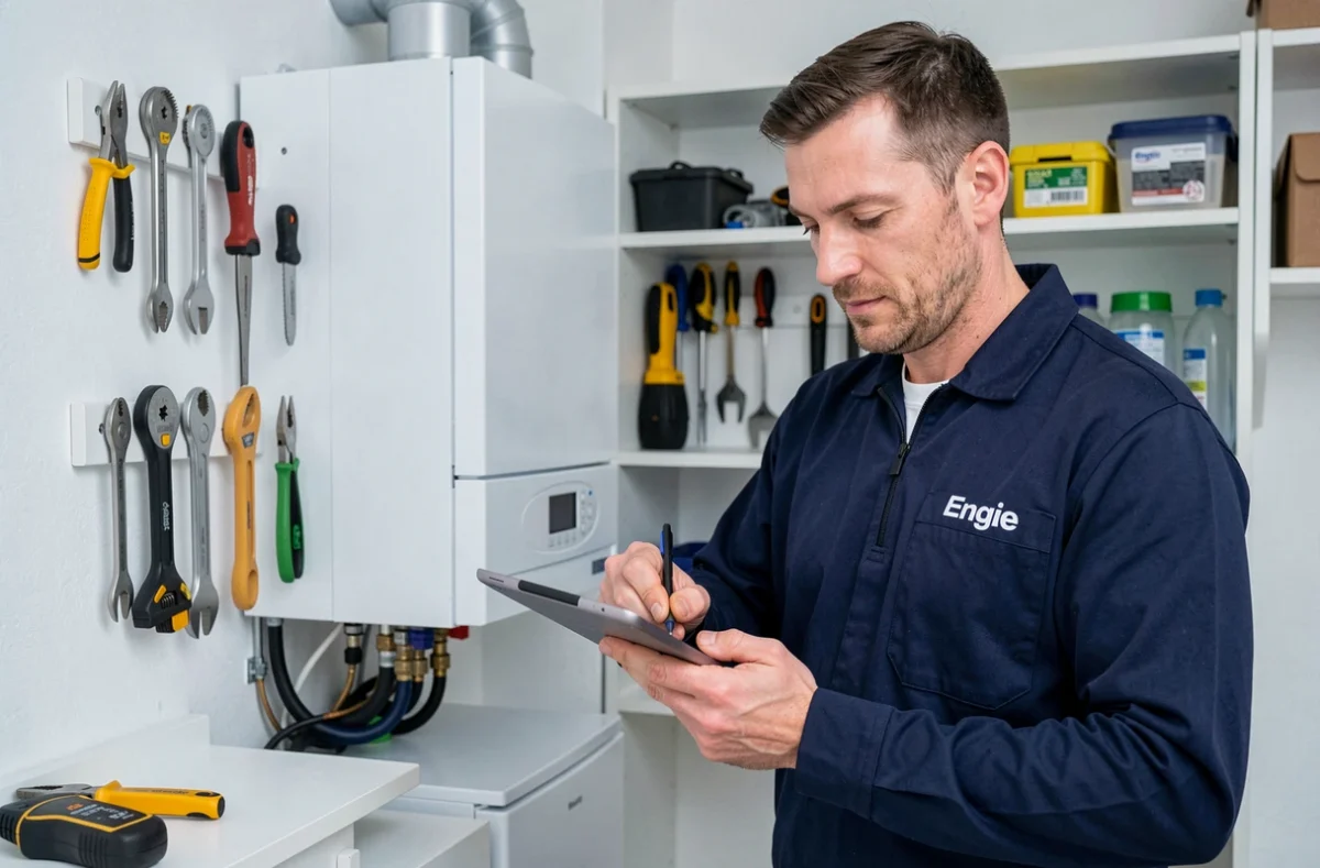Technicien Engie Home Services effectuant la maintenance d'une chaudière à condensation à Pau