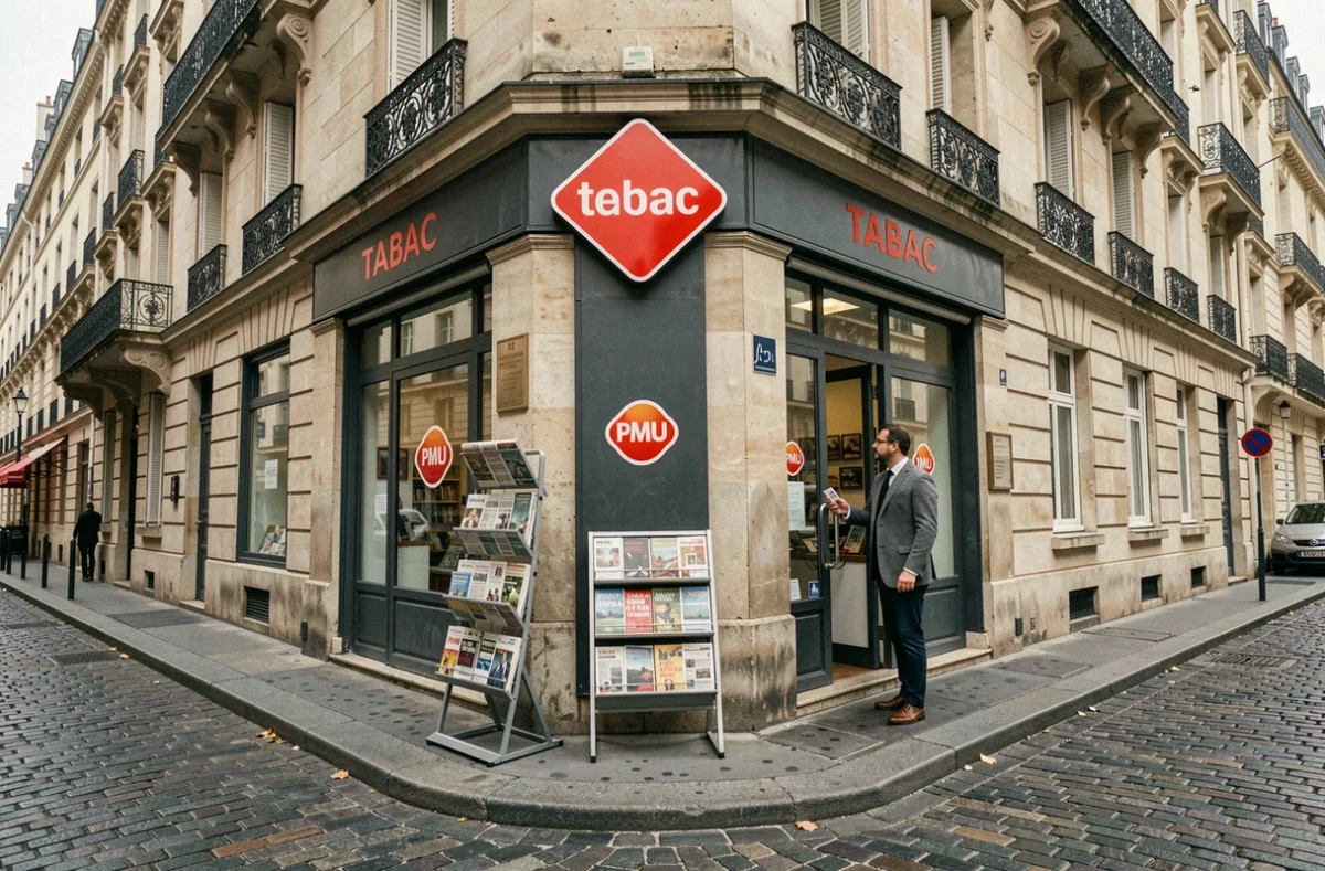 Façade extérieure d'un bureau de tabac français en coin de rue avec enseigne PMU et présentoir de journaux