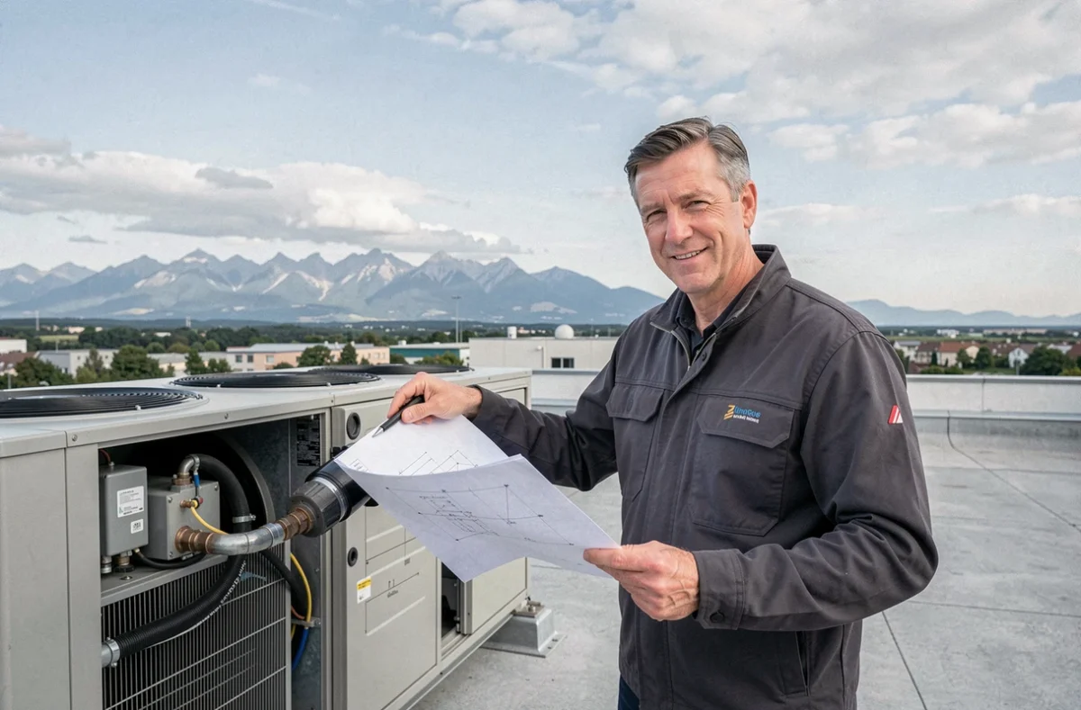 Ingénieur de GGC Germain Génie Climatique inspectant une unité CVC sur un toit industriel à Pau