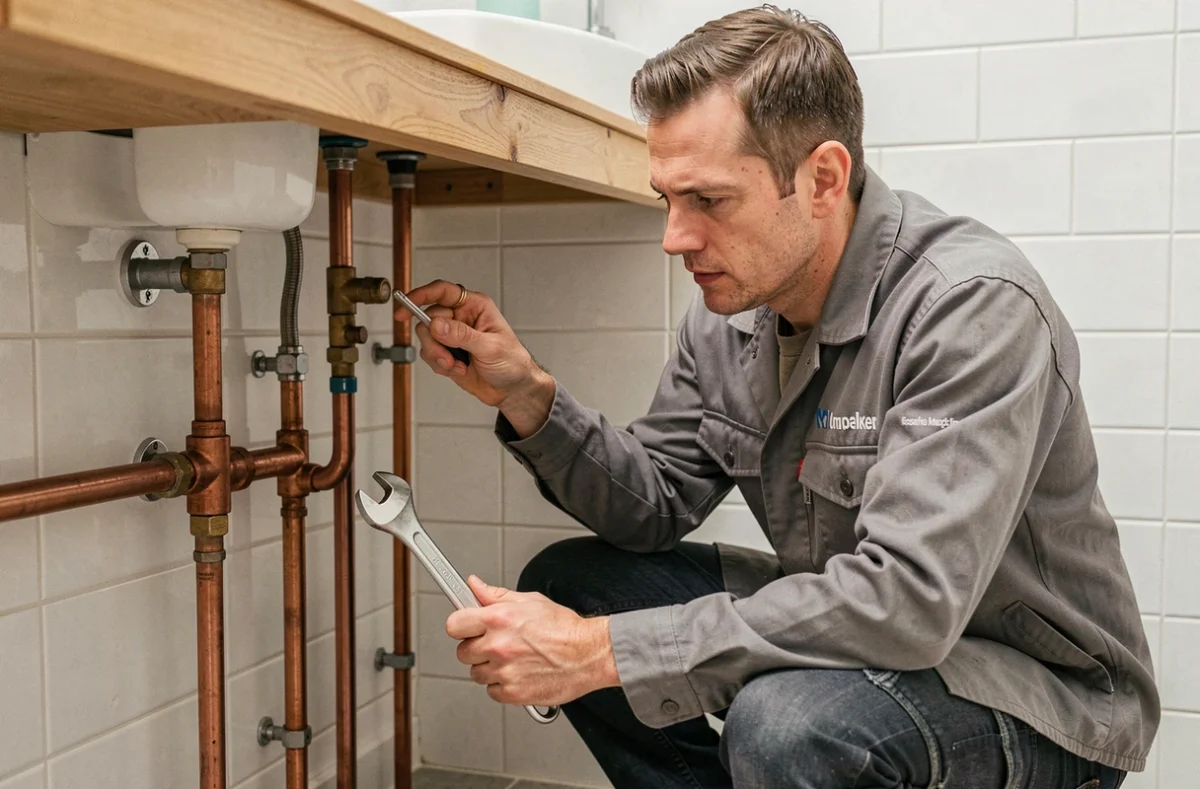 Technicien de GLPlomberie travaillant sur une installation de plomberie résidentielle