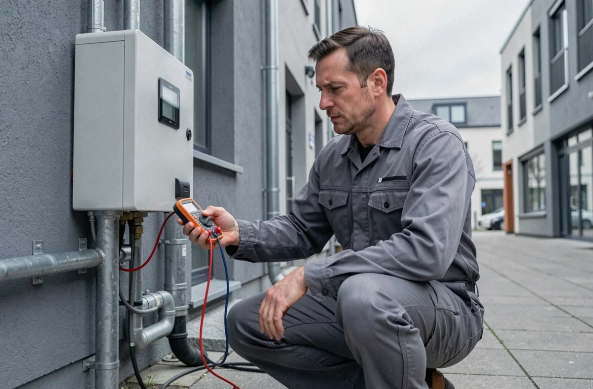 Technicien de Gridlec travaillant sur un boîtier de réseau électrique intelligent sur un bâtiment commercial à Brest