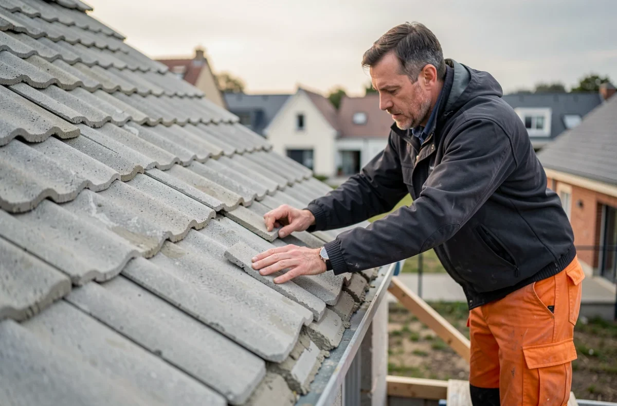 Couvreur de GT Couvertures posant des tuiles en béton emboîtées sur une maison neuve