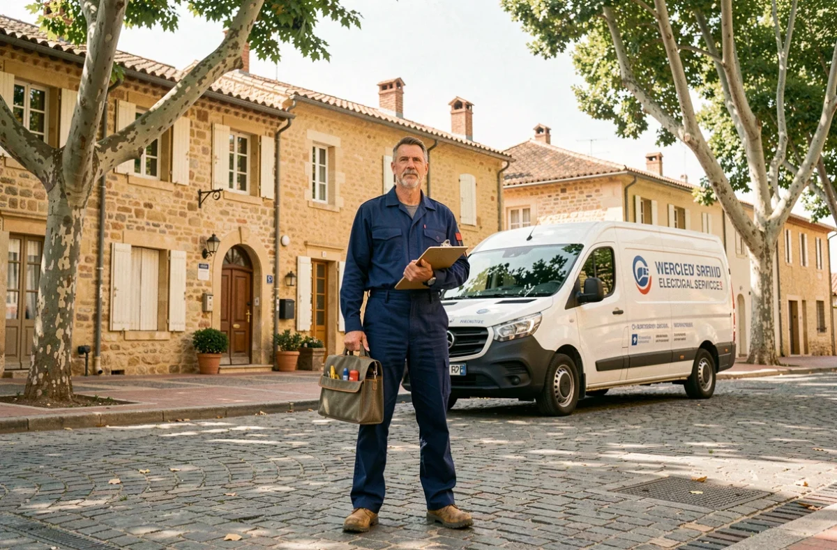 Électricien professionnel devant un bâtiment en pierre d'Aix-en-Provence avec un van de service et des outils