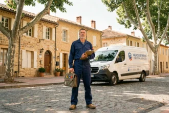 Électricien professionnel devant un bâtiment en pierre d'Aix-en-Provence avec un van de service et des outils