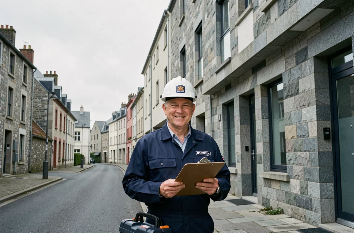 Électricien professionnel devant un immeuble résidentiel à Brest, représentant les meilleurs électriciens de la ville