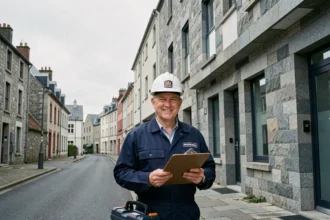 Électricien professionnel devant un immeuble résidentiel à Brest, représentant les meilleurs électriciens de la ville