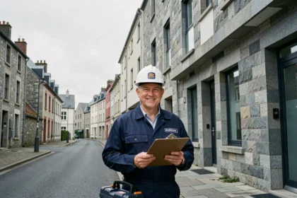 Électricien professionnel devant un immeuble résidentiel à Brest, représentant les meilleurs électriciens de la ville