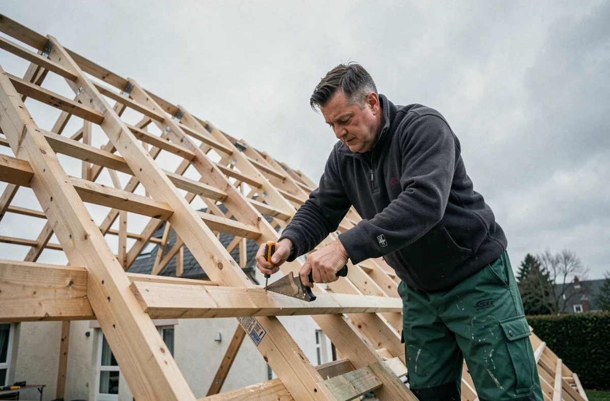 Artisan couvreur OK Couvreur fixant des liteaux sur la charpente d'une maison dans le Nord