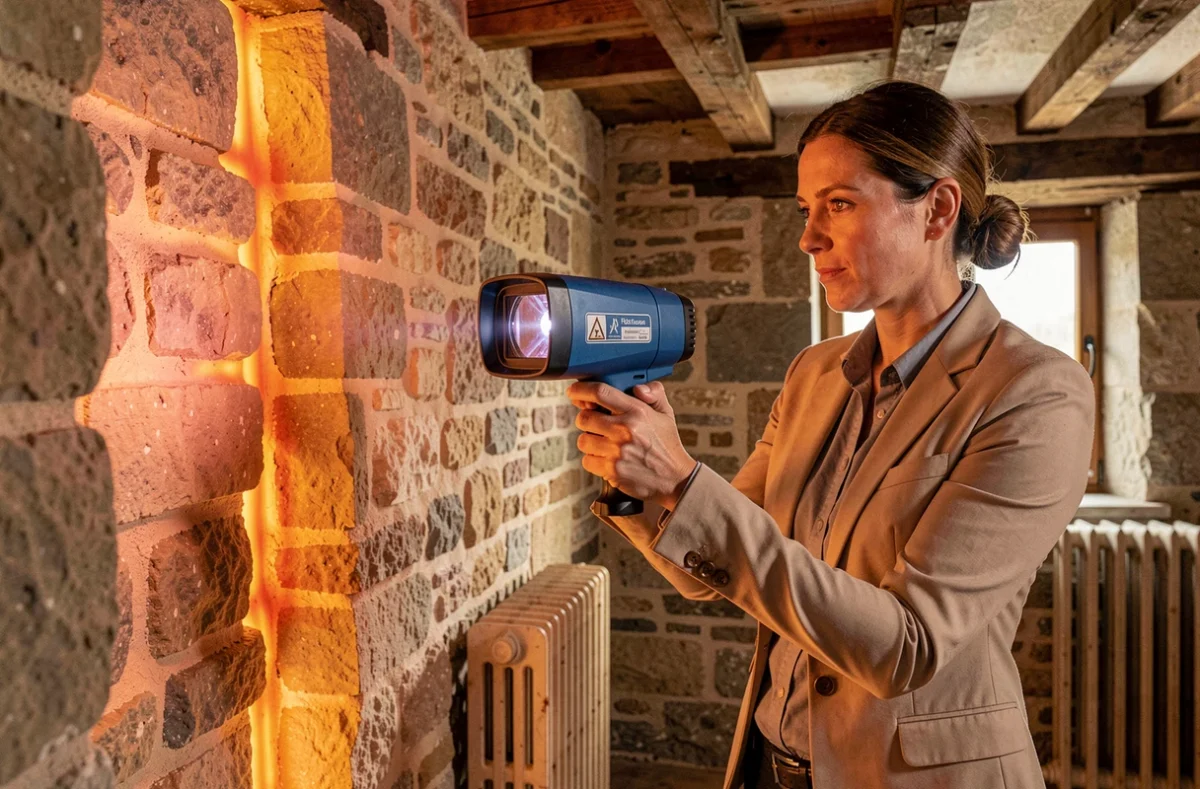 Consultante d'Optimisation Habitat Energie réalisant un audit thermique dans une maison béarnaise