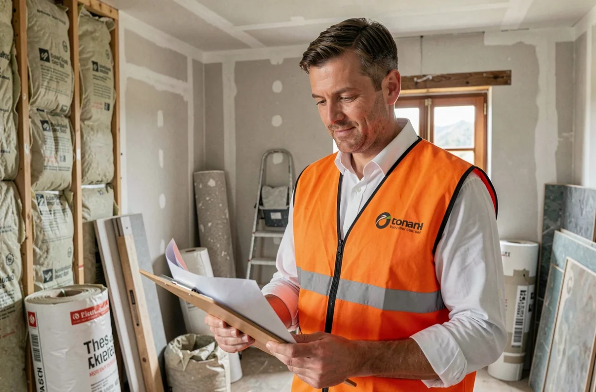 Spécialiste de Rénov'Home supervisant des travaux de rénovation thermique dans une maison