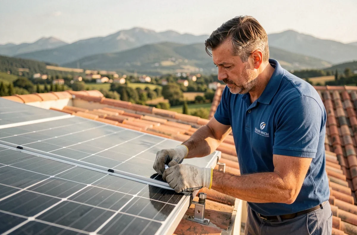 Technicien de SARL Aquasun installant un chauffe-eau solaire sur un toit en Pyrénées-Atlantiques