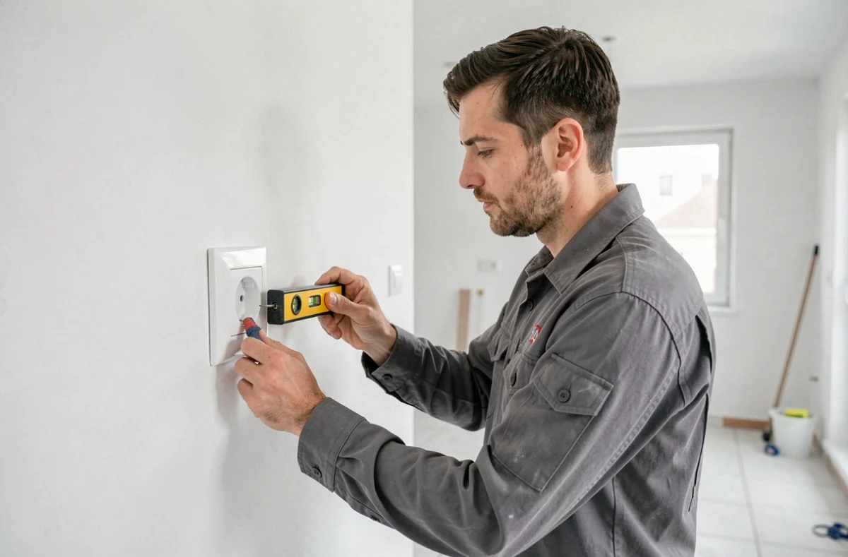 Technicien de Servi Pose installant une prise électrique murale dans un appartement rénové à Brest