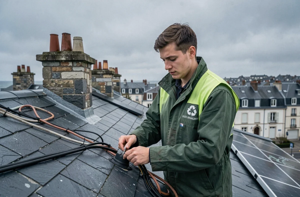 Électricien de Taranicité installant des câblages compatibles solaire sur un toit résidentiel à Brest