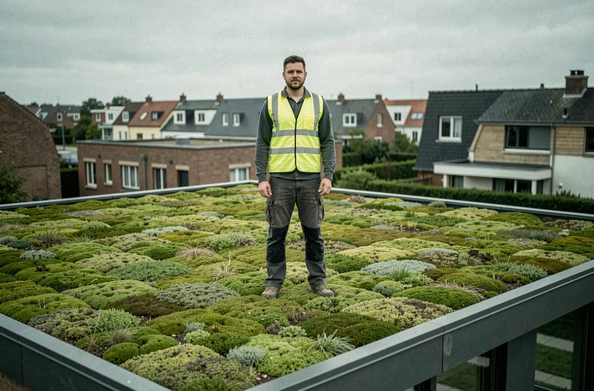 Couvreur de TOIT9 sur un toit végétalisé en sedum d'une maison écologique moderne