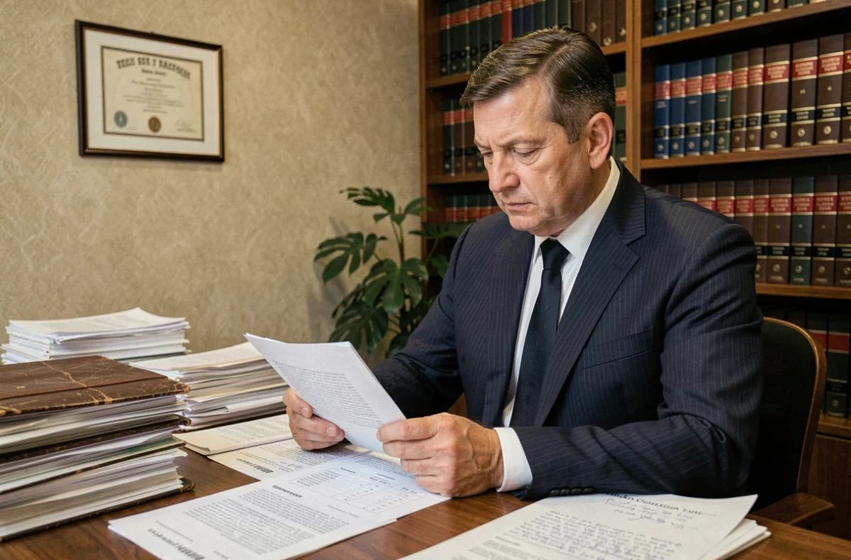 Avocat examinant des documents de calcul de remise de peine dans un bureau juridique