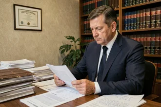 Avocat examinant des documents de calcul de remise de peine dans un bureau juridique