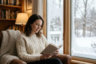 Femme lisant dans un fauteuil confortable près d'une fenêtre hivernale givrée, illustrant bien-être visuel et détente oculaire en hiver